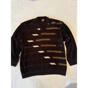 VTG Tricot Elfath Sweater Mens Large Brown White Geometric Crewneck Pullover